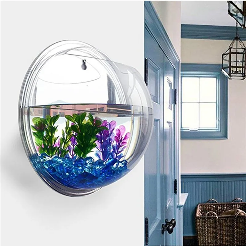 Aquarium Fish Enrichment - 투명 아크릴 걸이식 벽 수족관, 식물